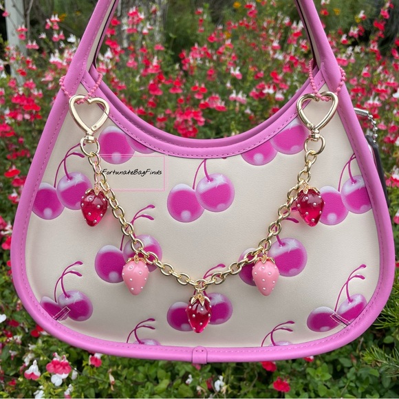 Heart Strawberry Bag Purse Charm Chain Swag Strap Hot Pink & Baby Pink Pearl - Picture 8 of 13